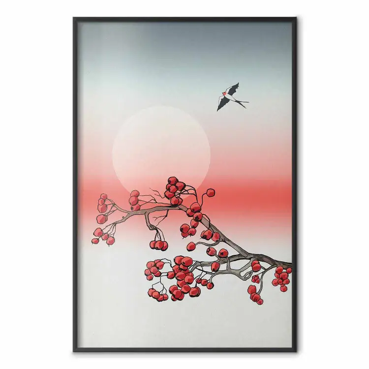 Winter Rose - botanical abstraction with plant and bird against sky backdrop