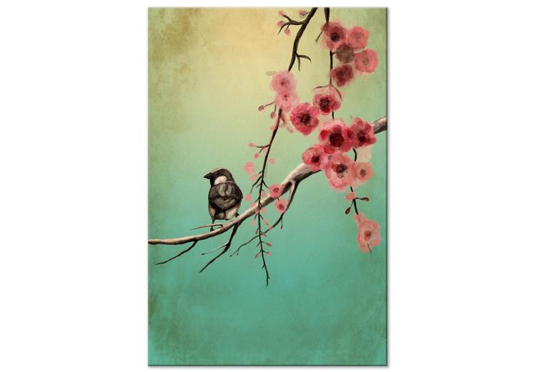 Canvas Print Cherry Blossoms (1-part) vertical - spring bird on a blue background