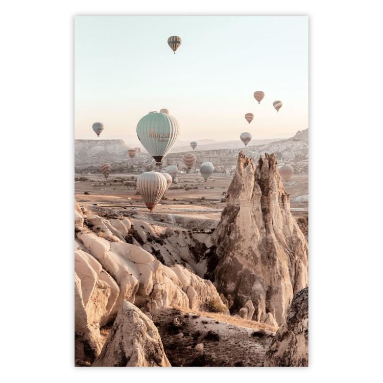 Poster Magical Journey - landscape overlooking stone peaks and hot air balloons