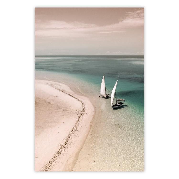 Poster Romantic Coast - beach landscape and sailboats on the azure sea