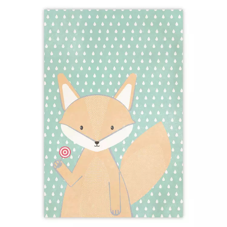 Poster Little Fox - funny animal with a lollipop in hand on polka dot wall