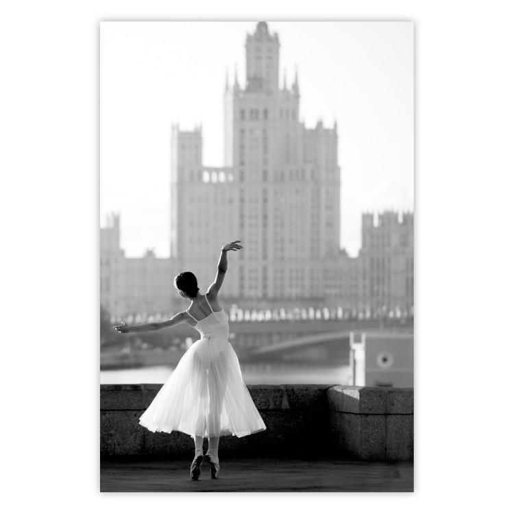 Poster Dance by the River - gray landscape with a dancing woman against a city backdrop