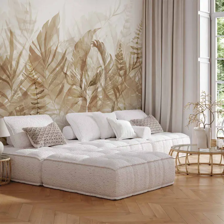Magic Grove Brown - Botanical Motif with Leaves on a Light Background