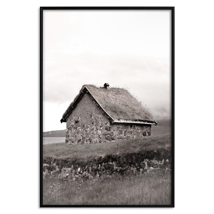 Poster Fisherman's Hut - landscape of a field and a stone house against a clear sky