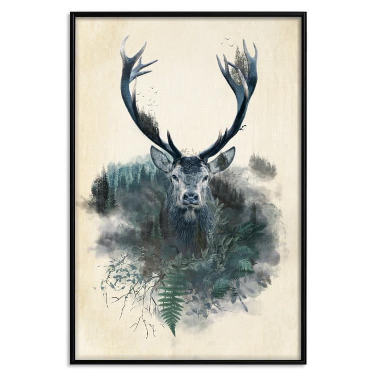 Poster Forest Spirit - abstract dark deer with large antlers on a beige background