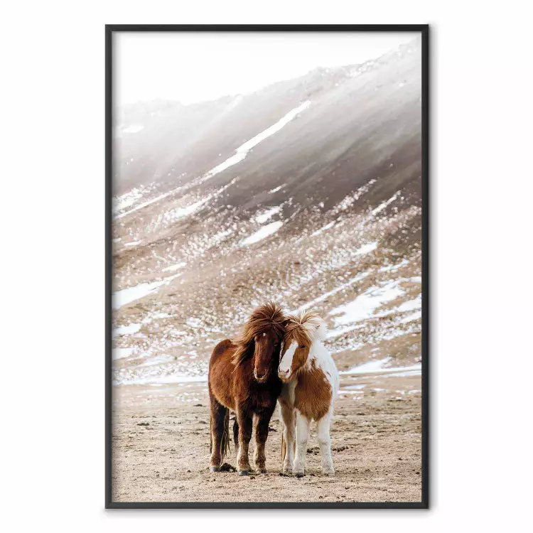 Warm Friendship - autumn landscape of a pair of animals against a mountain backdrop