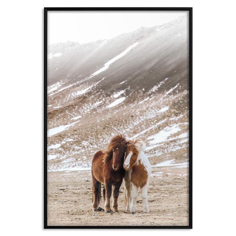 Poster Warm Friendship - autumn landscape of a pair of animals against a mountain backdrop