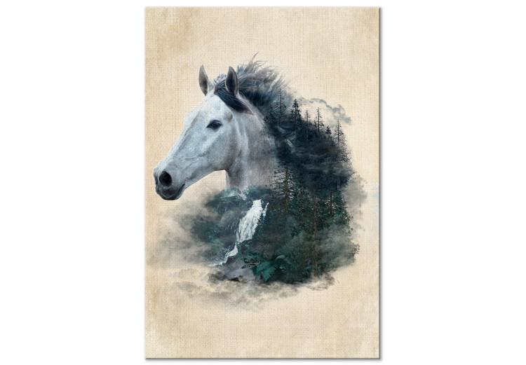 Canvas Print Messenger of Freedom (1-piece) Vertical - horse against a drawn forest background