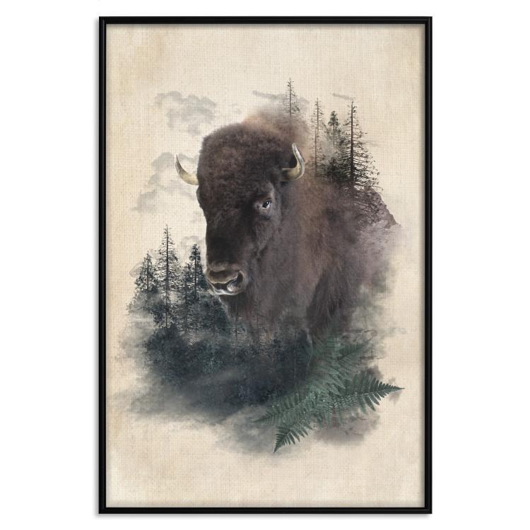 Poster Dignified Bison - animal in a forest setting on a uniform beige background
