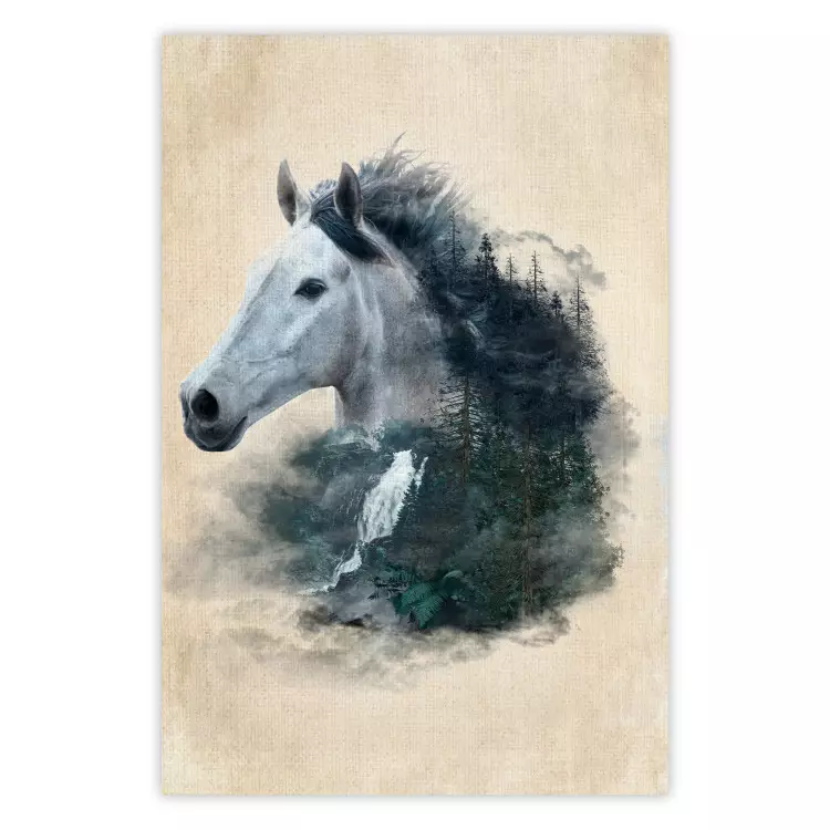 Messenger of Freedom - gray horse surrounded by nature on a beige texture