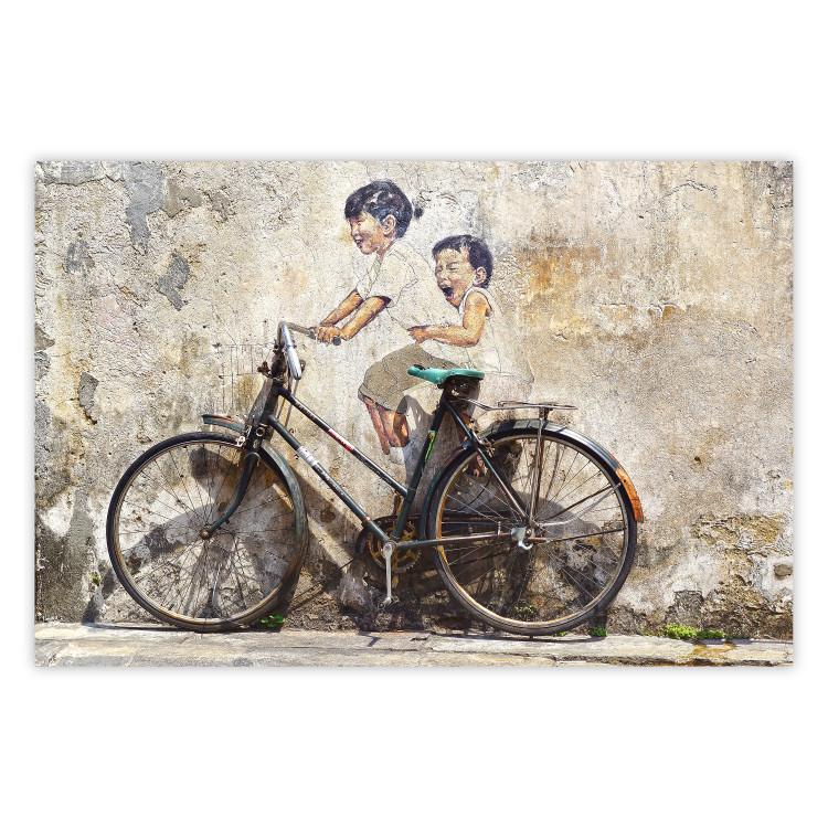 Poster Carefree - retro black bicycle against a wall painted with children