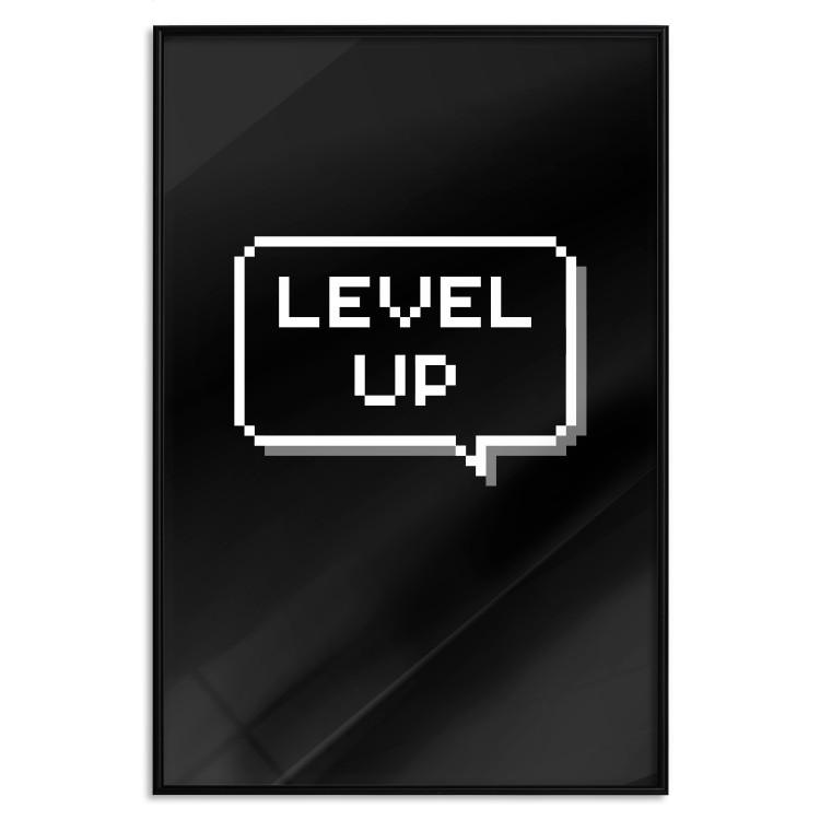 Poster Level Up - pixelated English text in a speech bubble on a black background