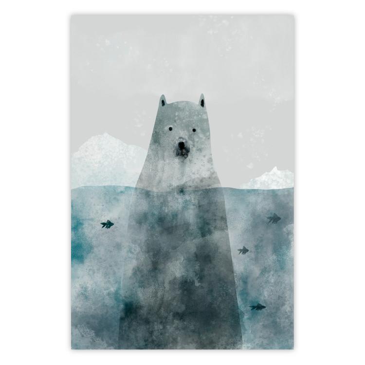 Poster Polar Bear - animal in water with fish against a winter composition background