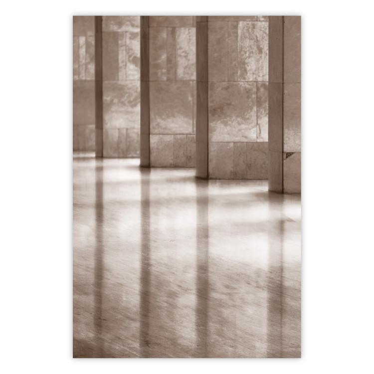 Poster Lighted Corridor - architecture with a stone wall in sepia tones