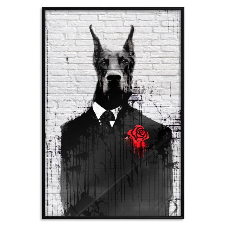 Poster Doberman in a Suit - an abstract black dog on a brick wall