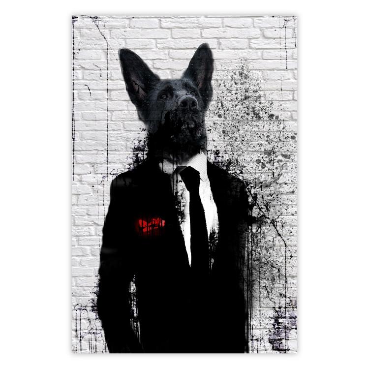 Poster Businessman Dog - a fanciful animal in a suit on a brick wall