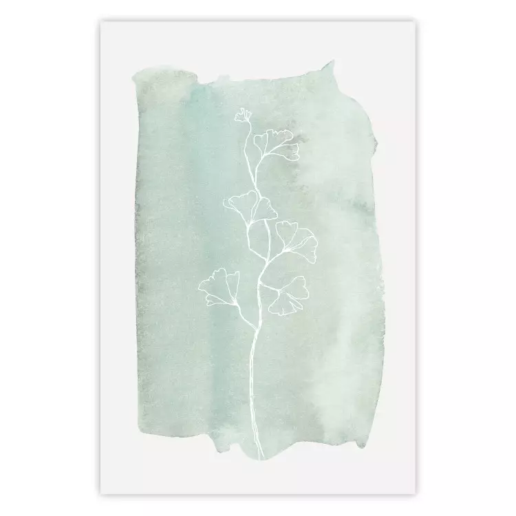 Poster Minty Ginkgo - white line art of a plant with flowers on a mint background