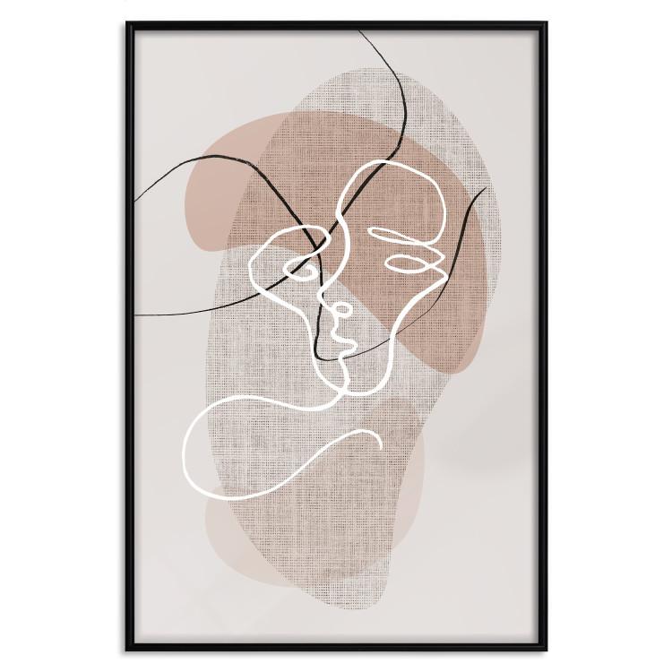 Poster Reflective Morning - line art of a kiss on a beige abstract background