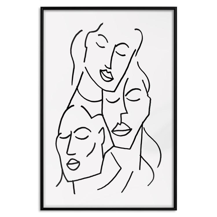 Poster Three Faces - black line art of character faces on a solid gray background