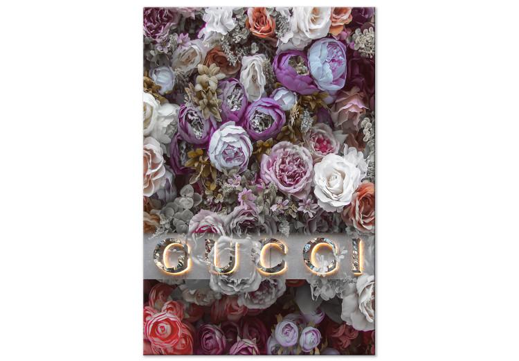 Canvas Print Gucci and Roses (1-piece) Vertical - inscription on a background of colorful flowers