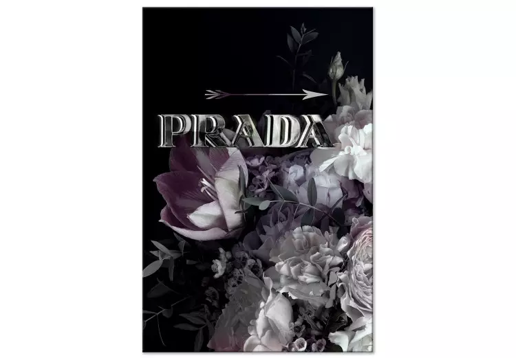 Canvas Print Prada in Flowers (1-piece) Vertical - gray inscription on a background of flowers
