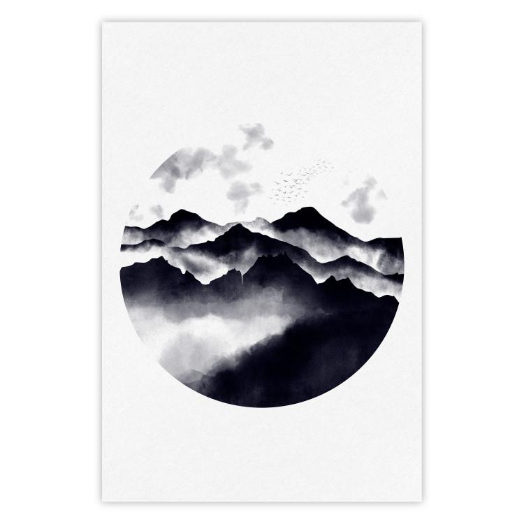 Poster Mountain Landscape - mountain landscape with clouds in a circle on a white background