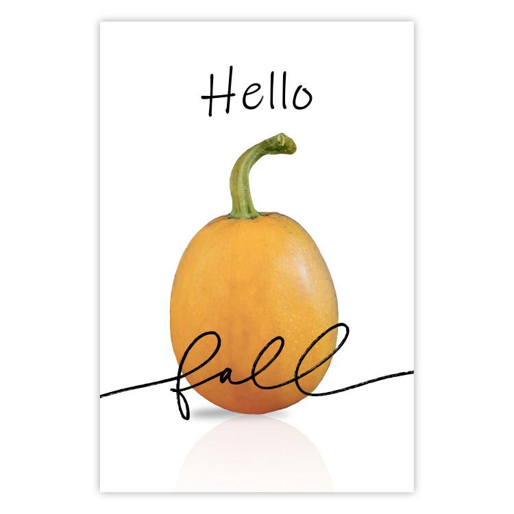Poster Hello Fall - orange pumpkin and English text on a white background