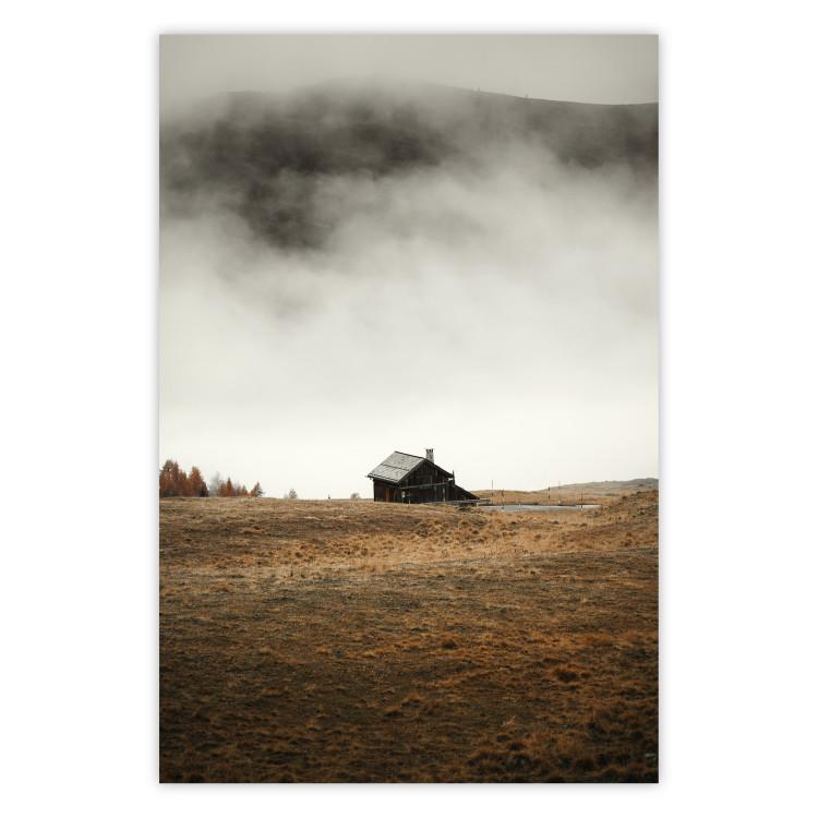 Poster Mountain Retreat - field landscape with a small cottage against white clouds
