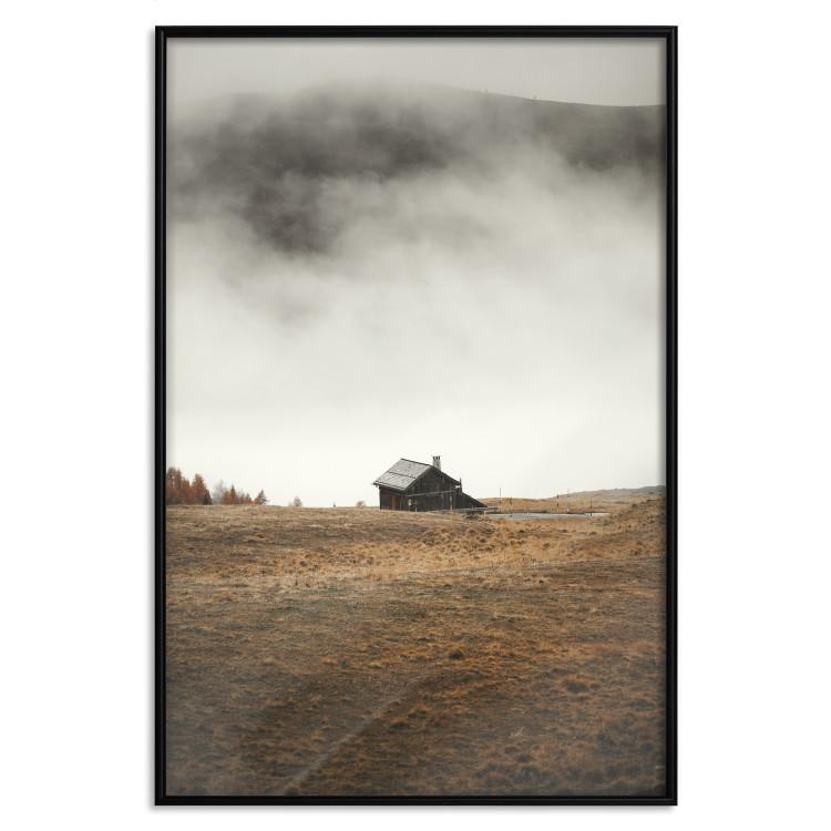 Poster Mountain Retreat - field landscape with a small cottage against white clouds
