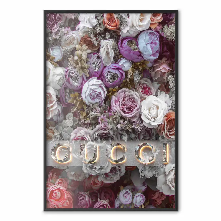 Gucci and Roses - composition of colorful flowers and luxury brand name