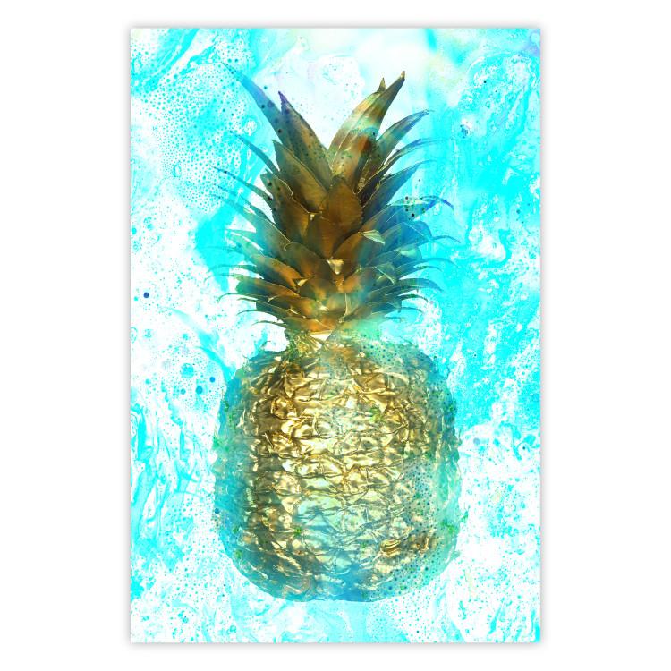 Poster Precious Fruit - tropical pineapple in golden color on a blue background