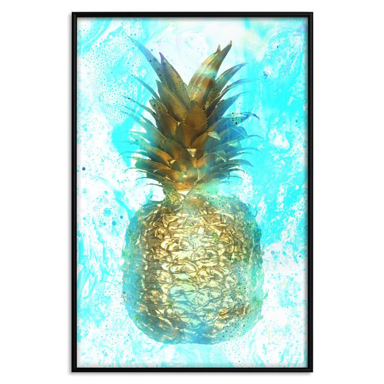 Poster Precious Fruit - tropical pineapple in golden color on a blue background