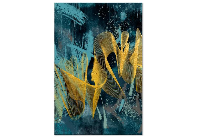 Canvas Print Golden Waves (1-piece) Vertical - golden abstraction on a blue background