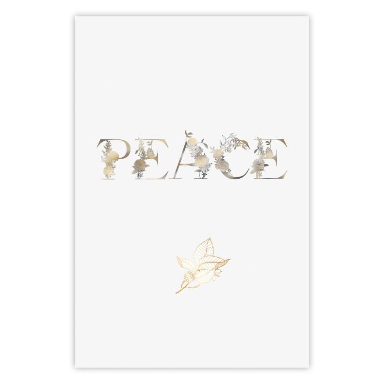 Poster Peace - golden English text on a solid white background