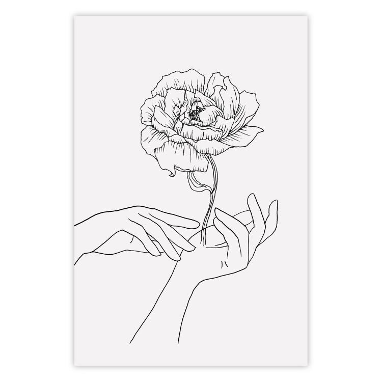 Poster Gentle Touch - black line art of hands and flowers on a solid background