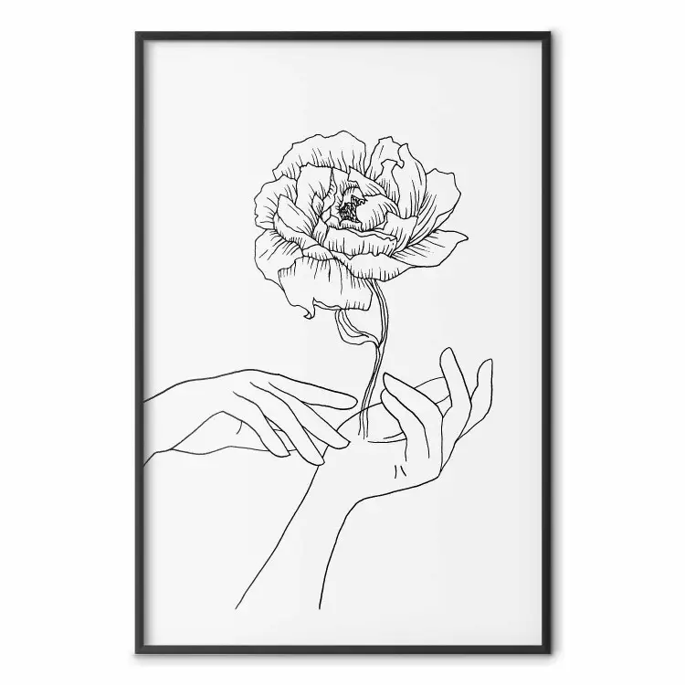Gentle Touch - black line art of hands and flowers on a solid background