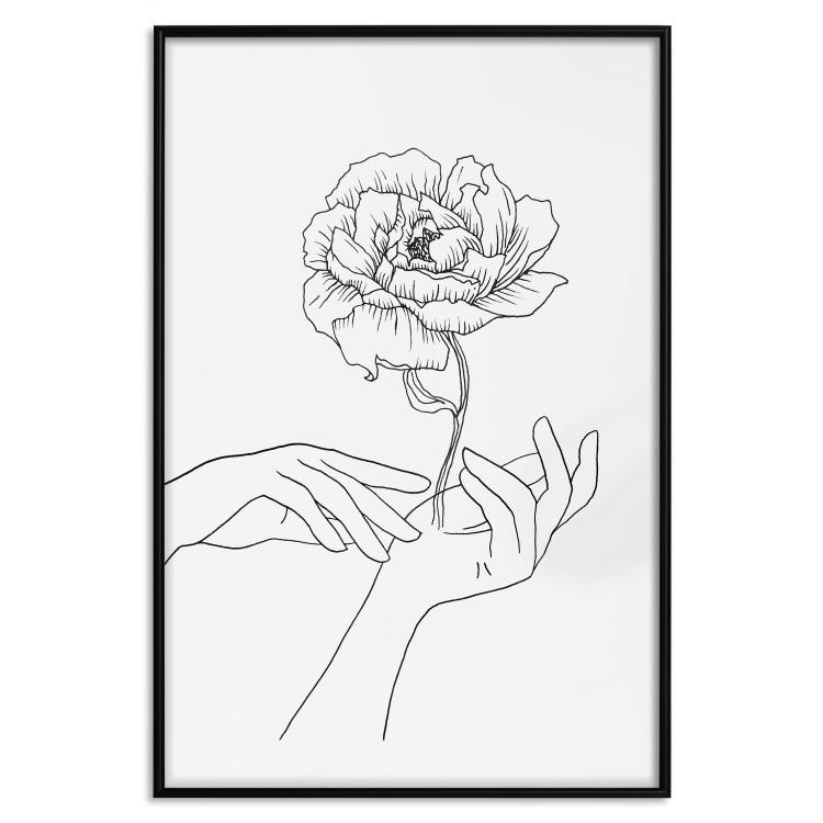 Poster Gentle Touch - black line art of hands and flowers on a solid background