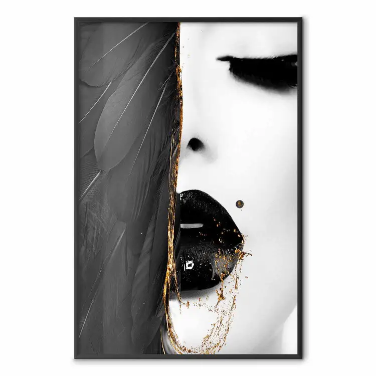 Angel's Gaze - abstract black-and-white woman and black feathers