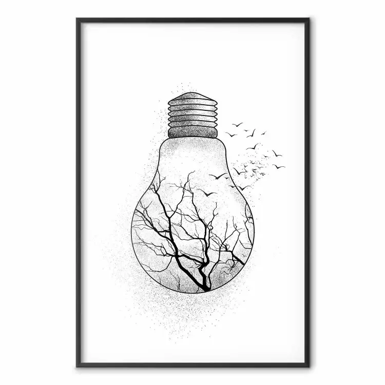 Winter Birds - black and white light bulb with tree and birds on a white background