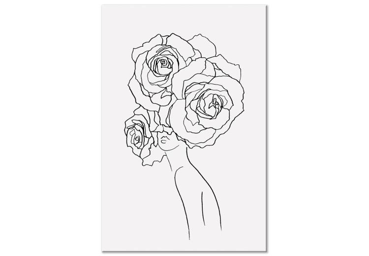 Canvas Print On the head roses - black-white, linear graphic with woman silhouette