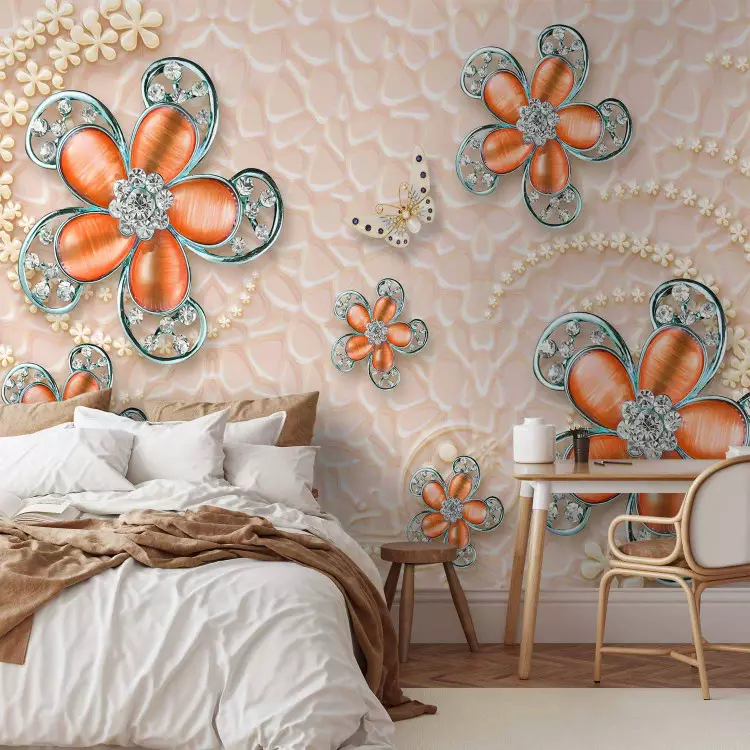Wall Mural Jewels in flowers - abstract of flowers and butterflies on pink offset