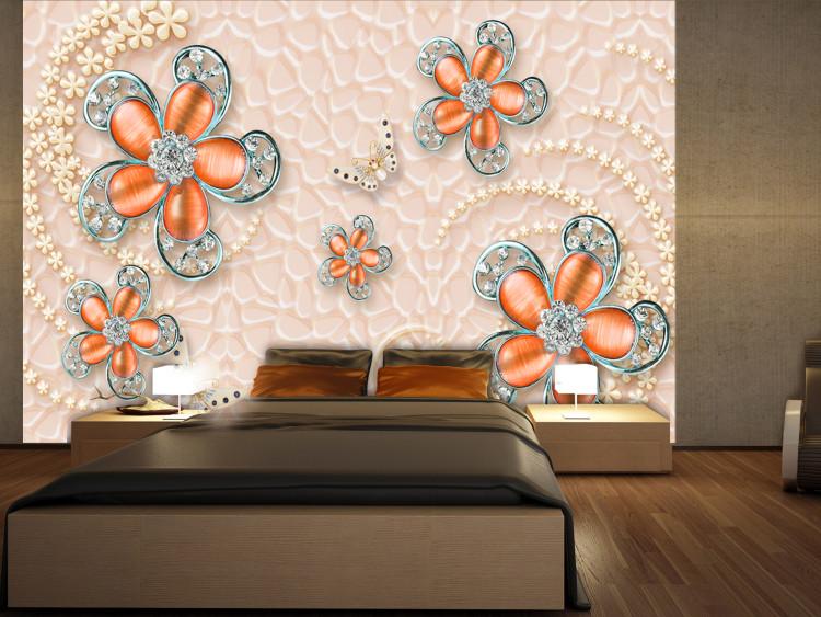 Wall Mural Jewels in flowers - abstract of flowers and butterflies on pink offset