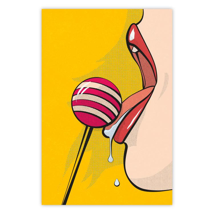Poster Sweet Lollipop - abstract woman licking a lollipop on a light yellow background