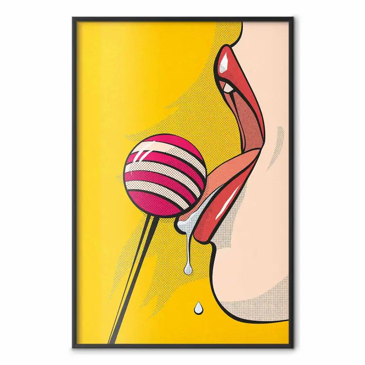 Sweet Lollipop - abstract woman licking a lollipop on a light yellow background