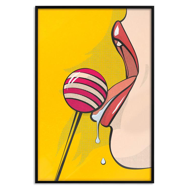 Poster Sweet Lollipop - abstract woman licking a lollipop on a light yellow background