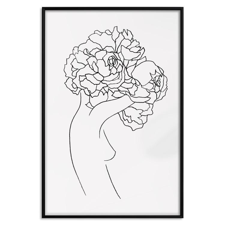 Poster Gardener - abstract line art of a woman with flowers on a white background