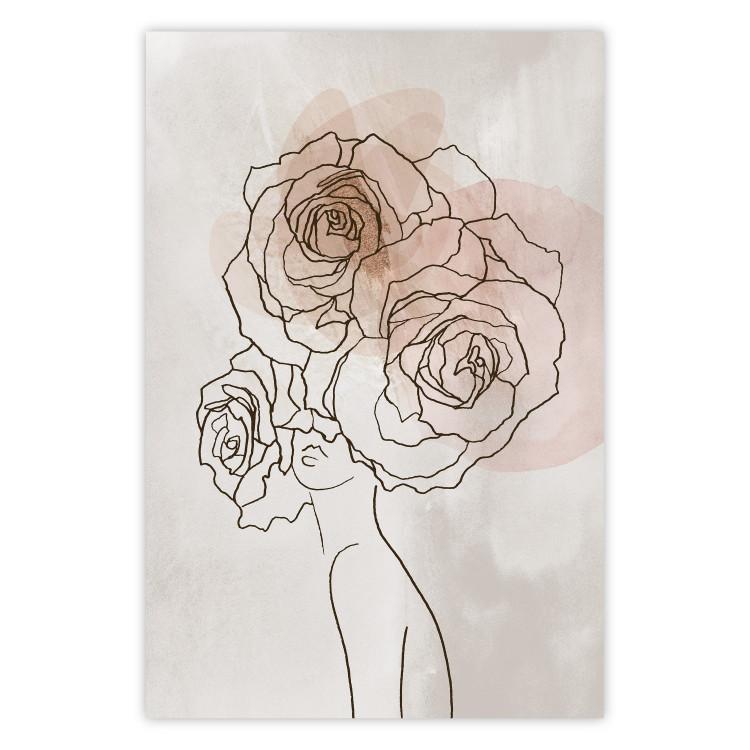 Poster Anna and Roses - abstract black line art of a woman with flowers in her hair