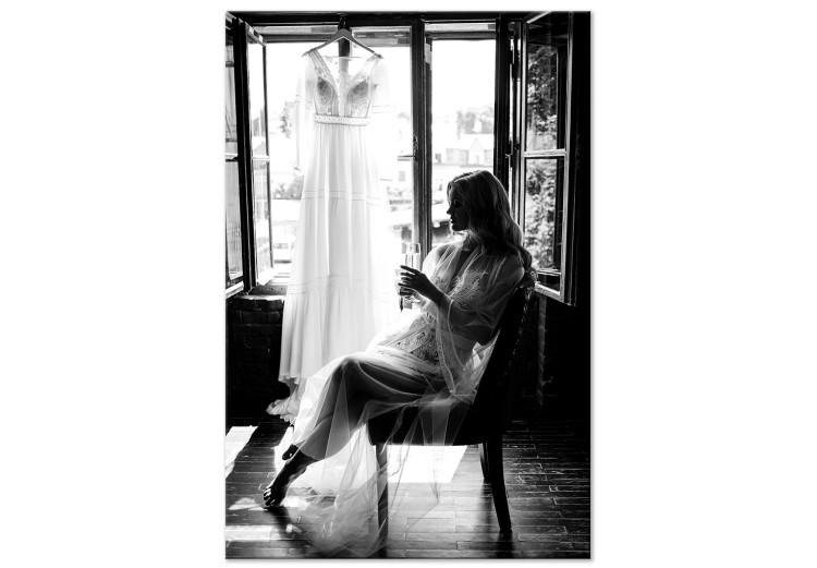 Canvas Print Woman and wedding dress - black and white photo with sitting woman