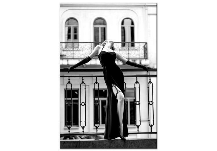 Canvas Print Dancing woman - black and white photo with figure on the balcony