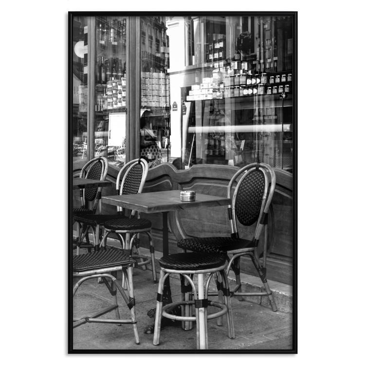 Poster Parisian Café - gray landscape of chairs and a table against the backdrop of a café